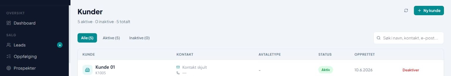 Customer overview in the admin system
